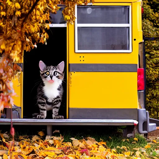 Image similar to anthropomorphic cute kitten wearing a yellow raincoat and yellow boots getting on the school bus on the first day of kindergarten, with colorful fall leaves and light rain, by Wes Anderson