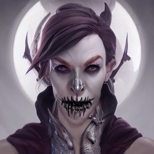 Prompt: dark fantasy character portrait of Moira from Overwatch, wearing skull mask, dystopian mood, intricate, wild, highly detailed, digital painting, artstation, upper body, concept art, smooth, sharp focus, illustration, art by artgerm and greg rutkowski and alphonse mucha