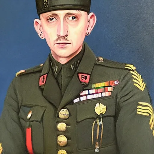 Prompt: “Oil painting of Chester Bennington as a World War 1 general, 4k”