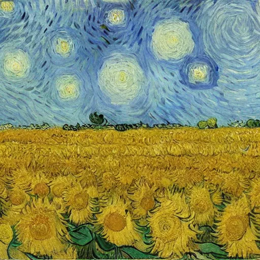 Prompt: An oil painting of Van Gogh is painting in a sunflower field, by Van Gogh