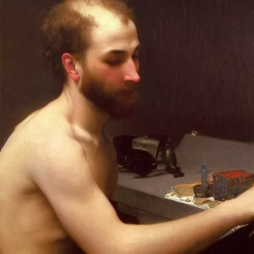 Prompt: an oil painting of an man playing a PC gaming, by Bouguereau, highly detailed and intricate,