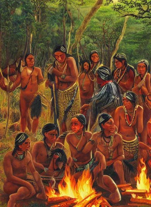 Prompt: a beautiful painting of an indigenous tribe around a fire in the jungle