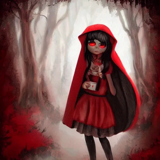 Prompt: horror little red riding hood illustration, digital art, trending on artstation