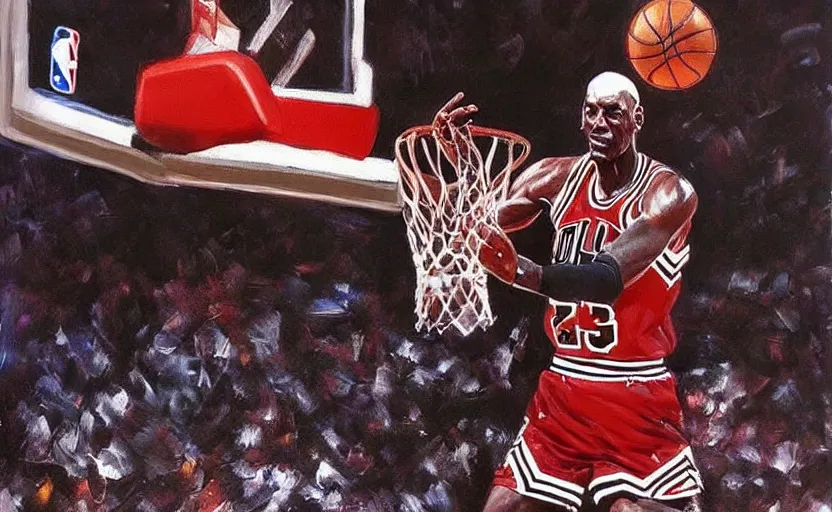 Image similar to beautiful painting of Michael Jordan playing basketball, NBA Finals, oil painting, masterpiece, highly detailed and ultra realistic, trending on artstation