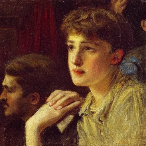 Image similar to a young man watching an actress on stage in an old theater, by alfred stevens