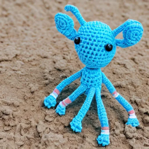 Image similar to super cute fluffy light blue color spider crochet doll standing on sand, hyperrealistic photograph, highly detailed, tactile, 8k, close up, macro