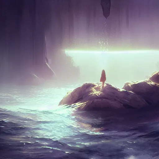 Image similar to falling into the deep, god rays, drowning, artstation, 4k, by greg rutkowski,