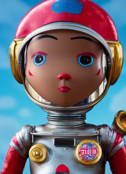 Prompt: highly detailed closeup, profile portrait of a tin toy spacegirl astronaut, bikini, unreal engine, nicoletta ceccoli, mark ryden, earl norem, lostfish, global illumination, detailed and intricate environment