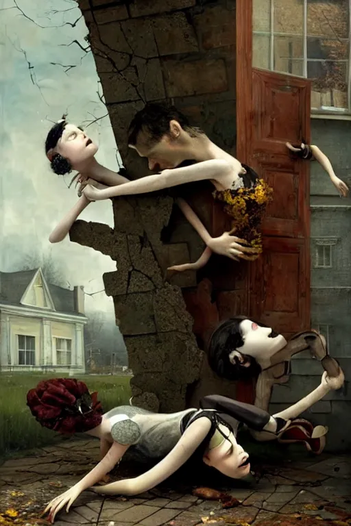 Prompt: man breaking into pieces while a woman tries to hold the fallen parts, surreal, ray caesar and john constable