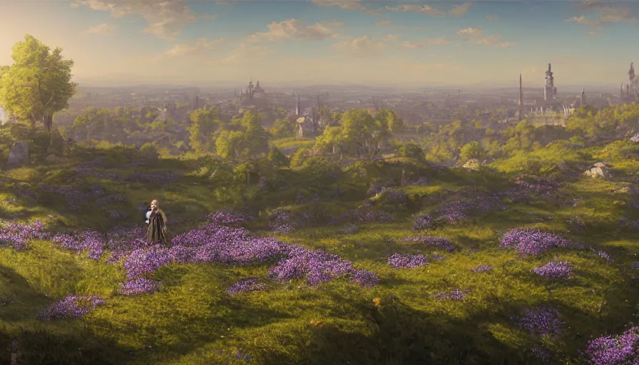 Image similar to landscape painting drone shot of violet evergarden standing on a distant flower hill, behind it a distant old german city, blue sky, sunshine, fantasy, intricate, elegant, highly detailed, digital painting, artstation, blender, unreal engine 5, octane render, smooth, sharp focus, illustration, by greg rutkowski