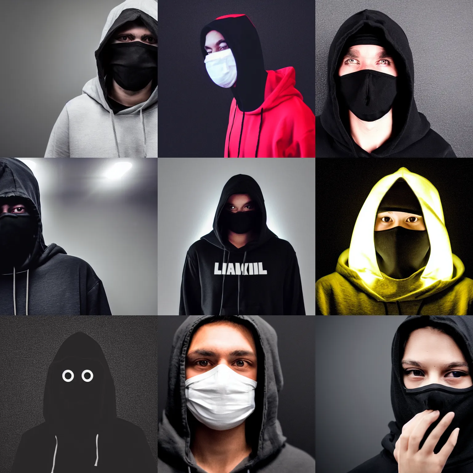 Prompt: Photo of a person wearing black hoodie with a hood on and completely black full face mask and glowing white eyes, on a black background