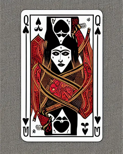 Prompt: queen of spades playing card in the style of tom bagshaw