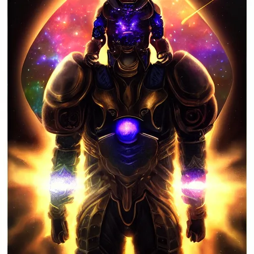 Image similar to photorealistic fantasy cosmic concept art of a cosmic god with armor made out of planets and dark matter, hovering in a unknown galaxy, fully body portrait, cinematic, dynamic lighting, ultra detailed, creative, trending on art station, creative