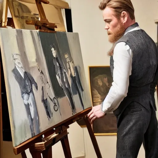 Prompt: mcgregor is dressed as a gentleman at early 2 0 th century paris. he is watching an easel. that easel has a canvas on it. ewan mcgregor has a brush on his hand. he is painting a painting. we can see his back. no background.