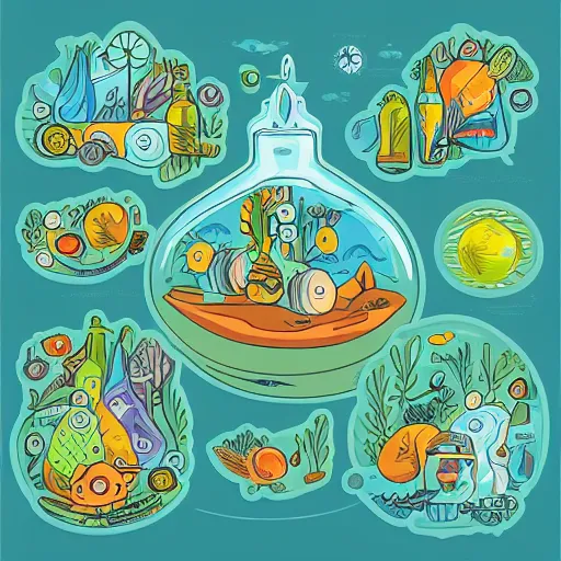 Image similar to Ecosystem in a bottle, sticker, highly detailed, colorful, illustration, drama, smooth and clean vector curves, no jagged lines, vector art, smooth