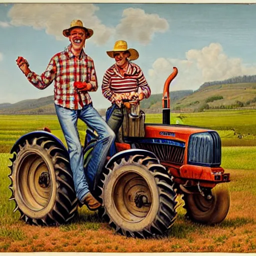 Prompt: a highly detailed happy portrait of many people standing on a tractor. they all have alcohol, james gurney, james jean