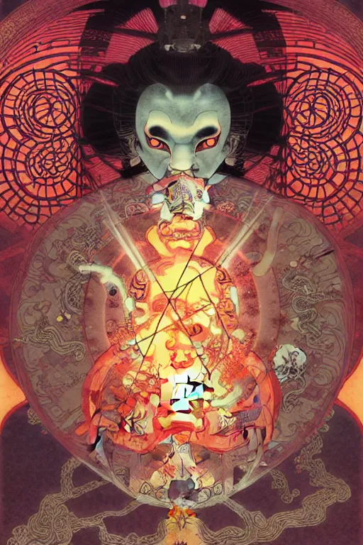 Prompt: dreamland of chinese ukiyo - e + geometry and astrology, a decaying japanese temple, stunning atmosphere, nanotech demonic monster horror, illustrated by boris vallejo, game, movie concept art, symmetrical, simple color palett by mucha, zdzislaw, tyler jacobson, noah bradley, james paick
