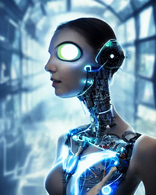 Image similar to photo of dreamy female as a solarpunk cyborg with fluorescent lamps around face, robotic body parts around neck and shoulders, real human face with clean skin, ultra - realistic and detailed, long exposure, soft focus hdr 8 k