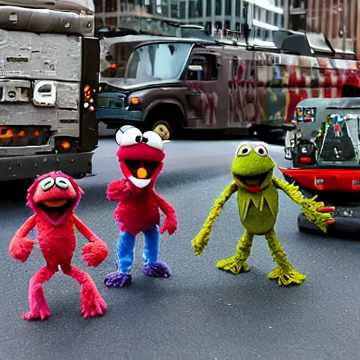 Image similar to muppet puppet special forces in an urban battle field.