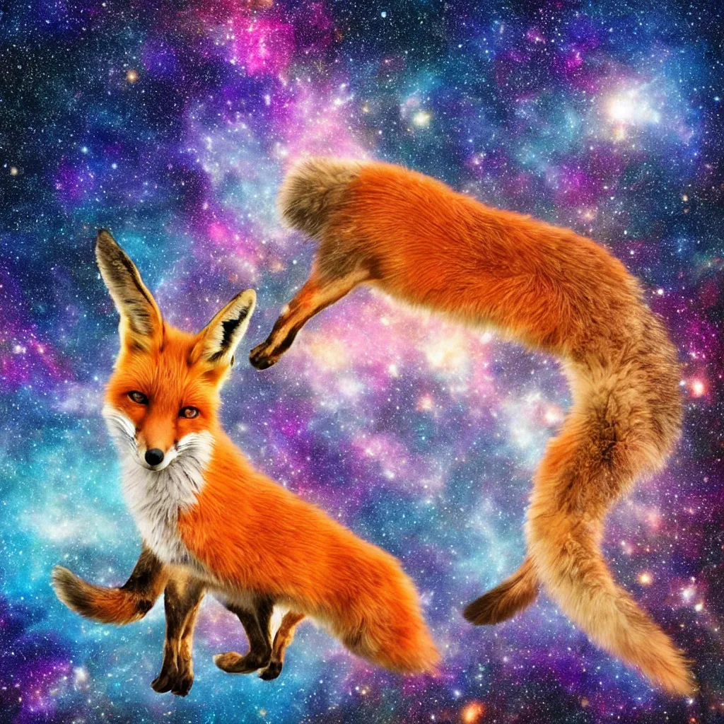 Image similar to a fox swimming in a lake in space staring up at a galaxy, realistic, colorful