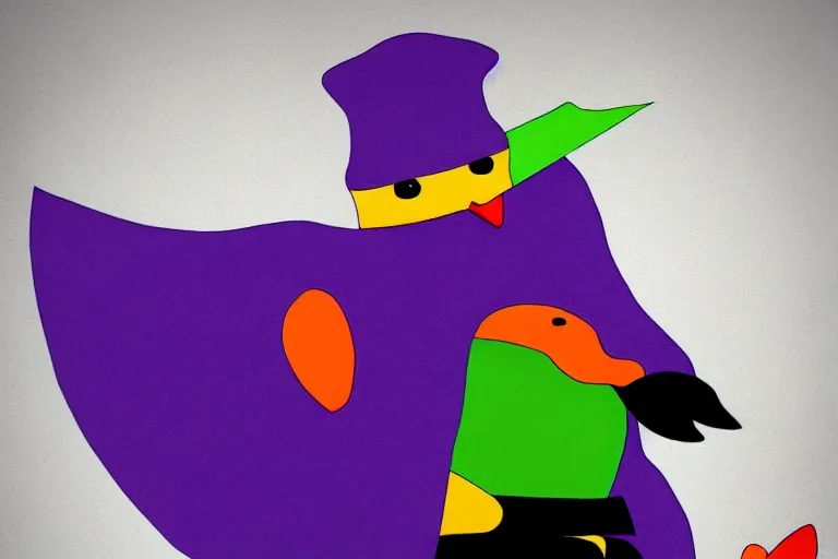 Image similar to duck wearing purple hat and cape and zoro mask by Roger Deakins