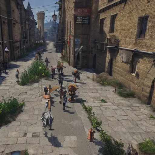 Image similar to detailed medieval fantasy streets with people walking around, unreal engine 5 rendered, incredibly highly detailed and realistic, 8 k, sharp focus, studio quality