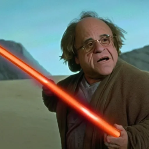 Prompt: movie still of Danny DeVito as Luke Skywalker with lightsaber