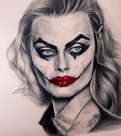 Prompt: tattoo design sketch of beautiful margot robbie portrait with joker makeup, in the style of den yakovlev, realistic face, black and white, realism tattoo, hyper realistic, highly detailed, award winning drawing