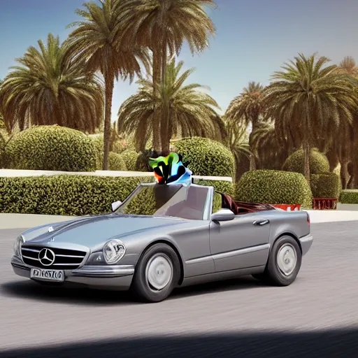 Prompt: side photo of a kermit the frog driving a mercedes in marrakech, morocco, palm trees, 8 k, octane render, hyperdetailed, illustration, digital painting, oil painting