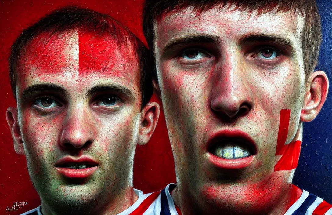 Prompt: english football fan!!!!!!!!!!!!!!!!!!!!!!!!!!!, detailed face, detailed painting, flat lighting by alberto mielgo