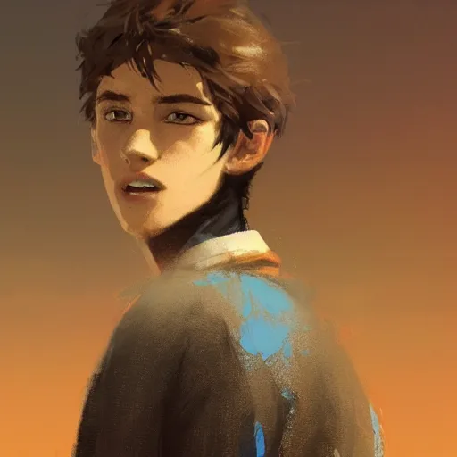 Image similar to portrait of a very feminine teenage boy with blue eyes and brown hair, smiling, wearing an oversized sweater, dramatic lighting, illustration by Greg rutkowski, yoji shinkawa, 4k, digital art, concept art, trending on artstation