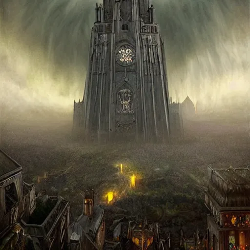 Image similar to an ultra detailed tarot card of a lonely and impossibly tall ominous gothic dark citadel tower of the evil patriarch, elevated high above the city, in a river elevated high above the city, fantasy capital city, ultrawide lense, aerial photography, scary thunderstorm, light fog, volumetric lighting, exquisite detail, 8 k, art by greg rutkowski and alphonse mucha