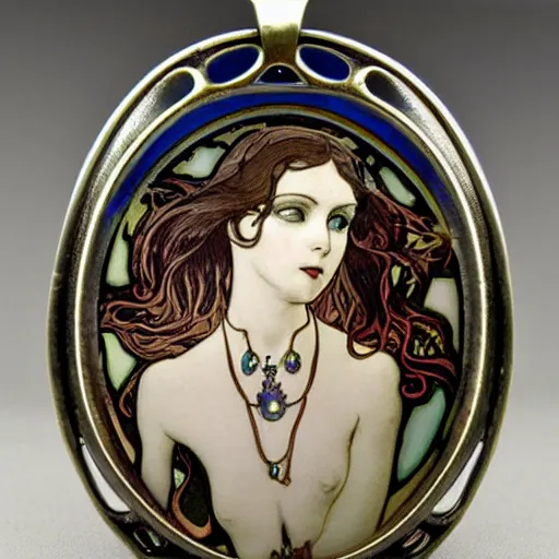 Image similar to artnouveau American mcgee's alice creepy necklace made by René lalique or Alfons mucha