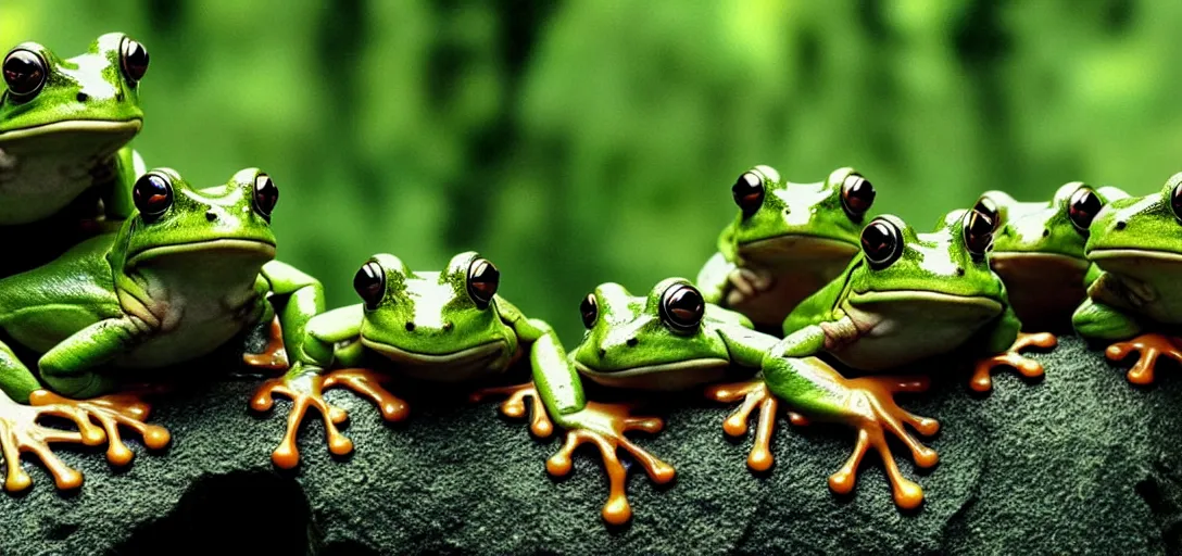 Image similar to frogs as the main characters in the 2 0 0 1 lord of the rings, cinematic still, action shot, 8 k hdr