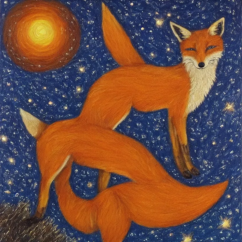 Image similar to a centred painting of a fox looking up at the stars in the style of Starry Night, highly detailed