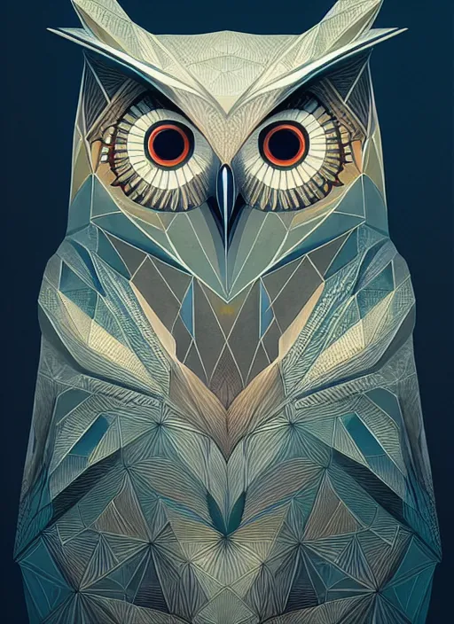 Image similar to portrait of a geometric owl, identical eyes, medium shot, illustration, full body made of white feathers, symmetrical, art stand, super detailed, cinematic lighting, and its detailed and intricate, gorgeous, by peter mohrbacher