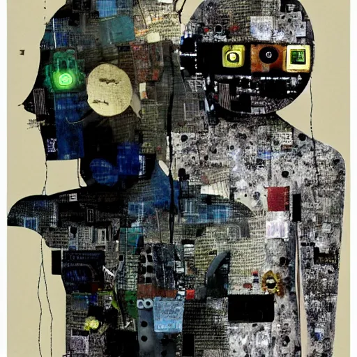 Image similar to a robot with a memory that survives the reset of the world, and a small robot bird on her shoulder, collage artwork by dave mckean and yoshitaka amano