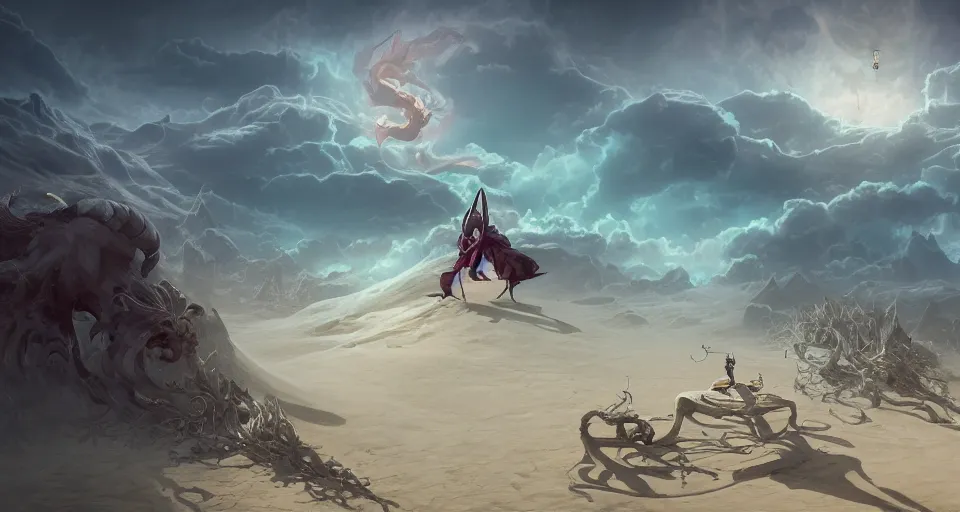 a powerful magic necromancer kneeling on the sand of a | Stable ...