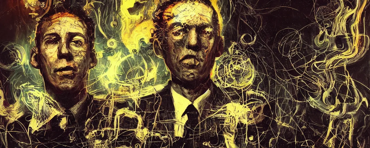 Image similar to dark scifi illustration 3 / 4 portrait of hp lovecraft reading necronomicon. cinematic lighting mad scientist style. golden ratio accidental renaissance. in the style of jean michel basquiat. graffiti art, scifi, fantasy, hyper detailed. octane render. concept art. trending on artstation