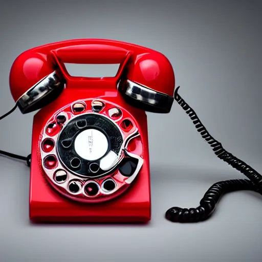 Image similar to commercial product photography advertisement for Salvador Dali’s Lobster phone, a red Rotary telephone with a lobster handset, The handle of the rotary phone is a plastic lobster, dark background, low key lighting, backlit, commercial studio lighting