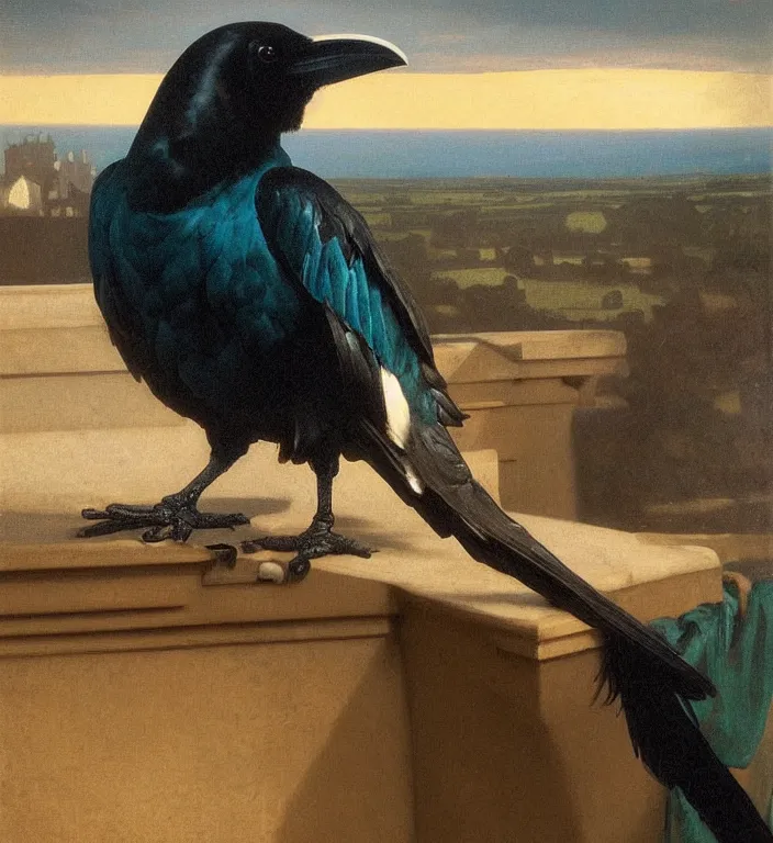 Prompt: a beautifully photoreal clear detailed victorian portrait of a close up raven on a victorian windowsill with an ornate velvet dark teal curtain at beautiful sunset daytime nature sunlit painting by frederic leighton and turner and rosetti and morris, 8 k, octane render