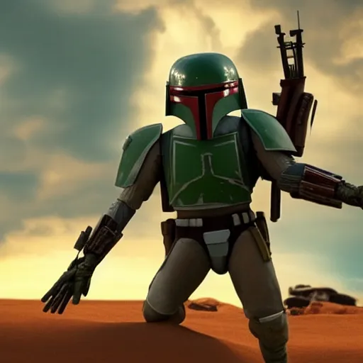 Prompt: Film still of Boba Fett, from Disney Pixar's Up (2009)