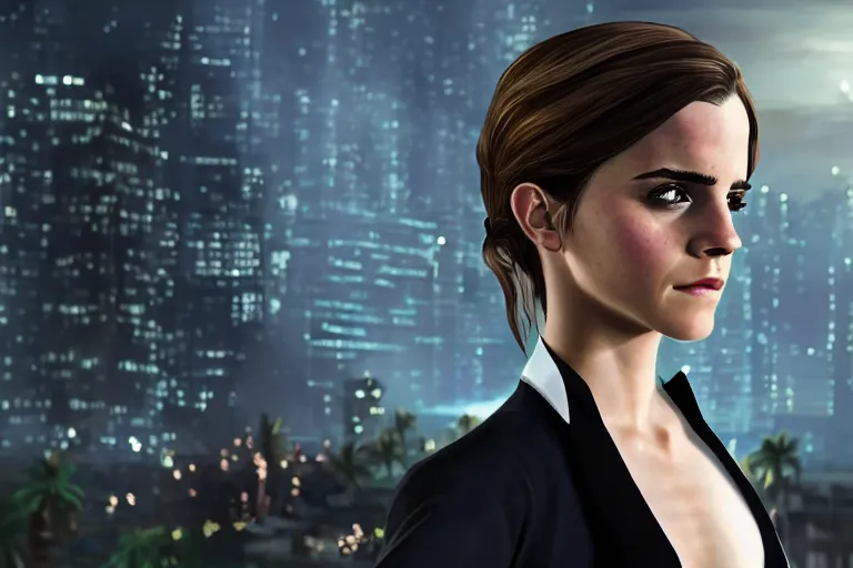 Prompt: Emma Watson wearing a suit in a grand theft auto 5 loading screen, medium shot, intricate, highly detailed, digital painting, artstation, oppressive lighting, sharp focus, illustration, art by anthony macbain and stephen bliss