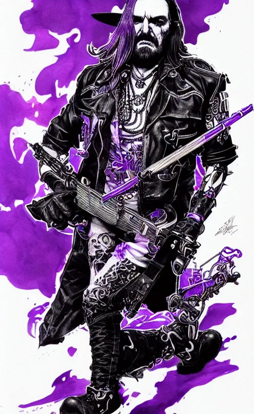 Image similar to full body portrait of lemmy killmeister with a lot of purple smoke!!!, concept art, sumi - e style, intricate linework, artstation, trending, highly detailed, smooth, focus, art by yoji shinkawa and glenn fabry,