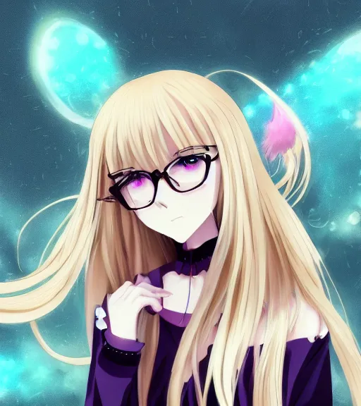Prompt: beautiful detailed anime screenshot of a anime magical girl with very long blonde hair and a full fringe, wearing large thin-rimmed round glasses, wearing modern gothic clothes, trending anime art, aesthetic award winning anime, 4K, pretty anime character design