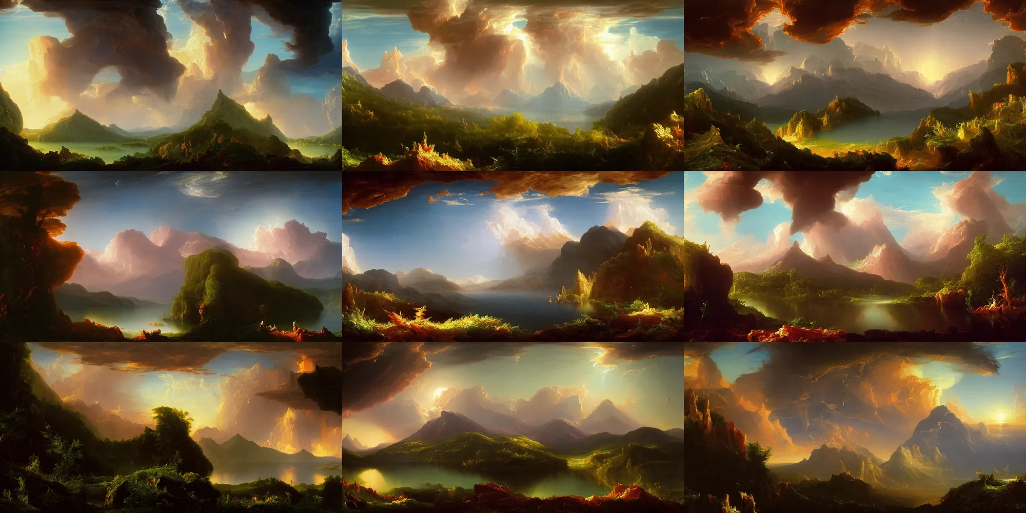 Prompt: A thomas cole naturalist style painting of a surreal dream landscape of clouds mountains nebulas forests and lakes, cinematic lighting, detailed oil painting, 8k