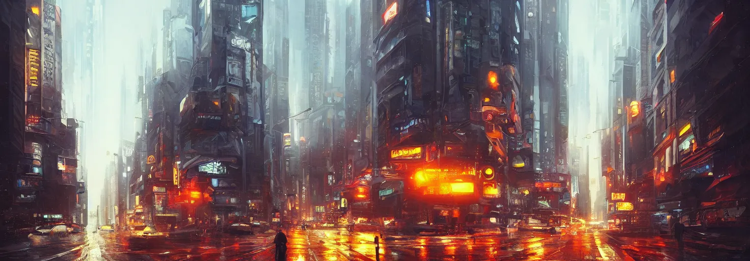 Image similar to an epic painting of the city street road, oil on canvas, cold colors, perfect composition, golden ratio, beautiful detailed, photorealistic, digital painting, artstation, concept art, smooth, sharp focus, illustration, cyberpunk background, artstation trending, octane render, unreal engine