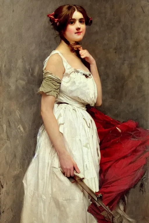 Image similar to Raimundo de Madrazo y Garreta and Solomon Joseph Solomon and Richard Schmid and Jeremy Lipking victorian genre painting full length portrait painting of a young beautiful woman traditional german french barmaid in fantasy costume, red background