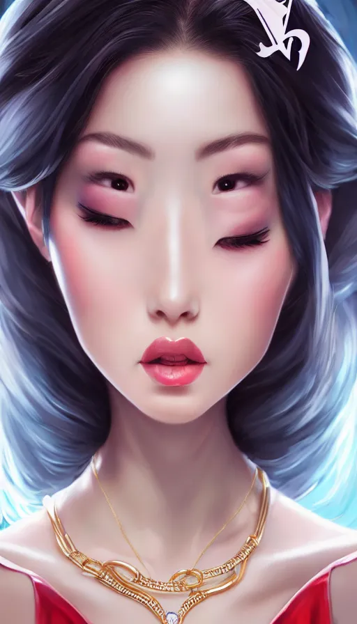 Image similar to a pin up and beautiful fashion and charming and dreamlke asian girl with lv jewelry, medium shot, art by artgerm & ross tran & wlop, hyperdetailed, 8 k realistic, symmetrical, frostbite 3 engine, cryengine, dof, trending on artstation, digital art