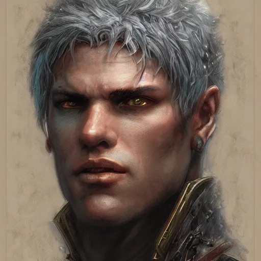 Prompt: Dante from DMC as a fantasy D&D character, portrait art by Donato Giancola and James Gurney, digital art, trending on artstation